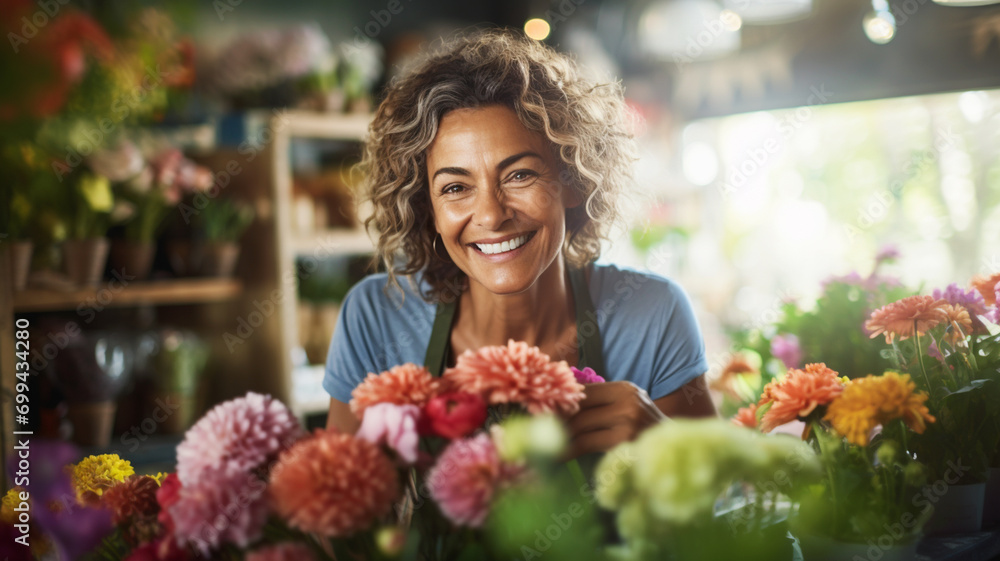 Happy florist working at her flower shop