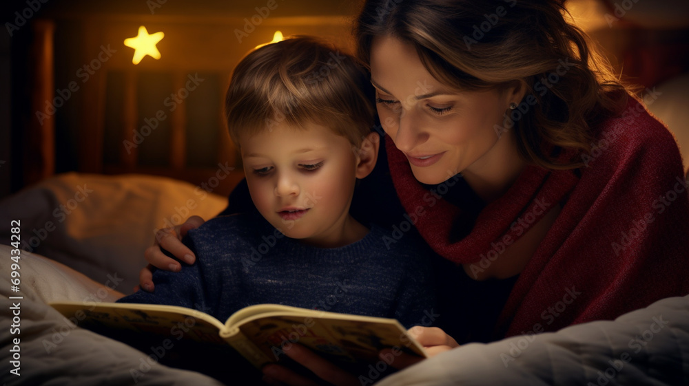 A mother reading a bedtime story book to her child at night - obrazy, fototapety, plakaty 