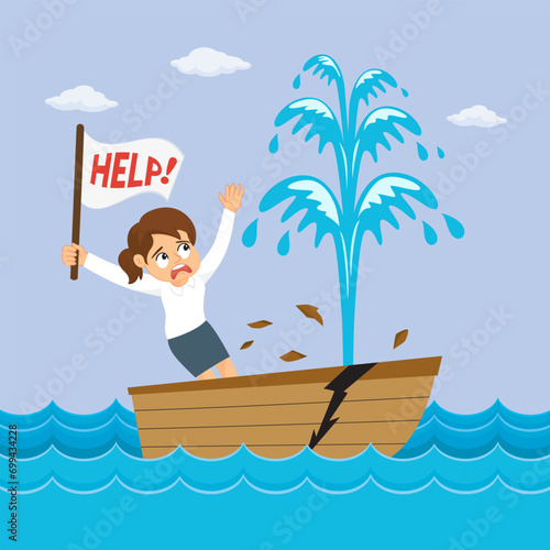 Businesswoman in a sinking boat with with a message asking for help. illustration vector cartoon.