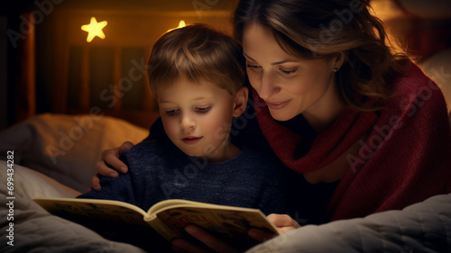 A mother reading a bedtime story book to her child at night photo