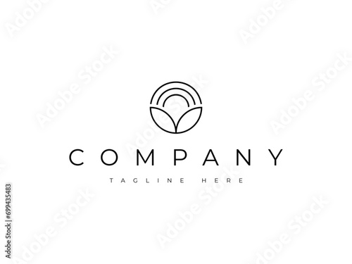 abstract minimal sun with leaf line logo design