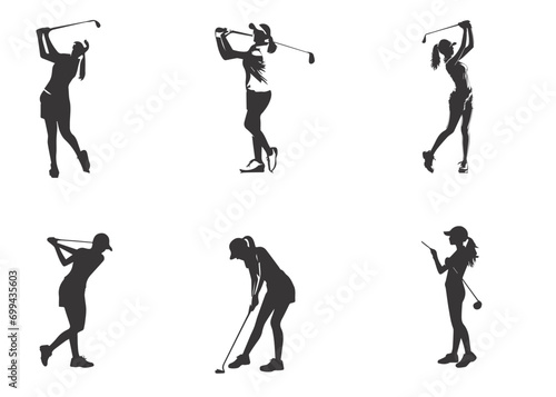 A set of female golfer playing golf in various pose