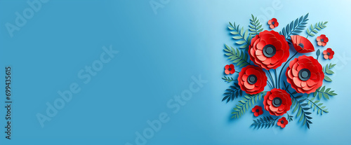 Red poppies on blue background. Remembrance Day, Armistice Day, Anzac day symbol.  ai generative  photo