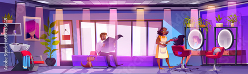 Hairdresser making hairstyle for woman in beauty salon. Vector cartoon illustration of large room with mirrors and haircut posters on wall, female client in armchair, man reading newspaper on couch