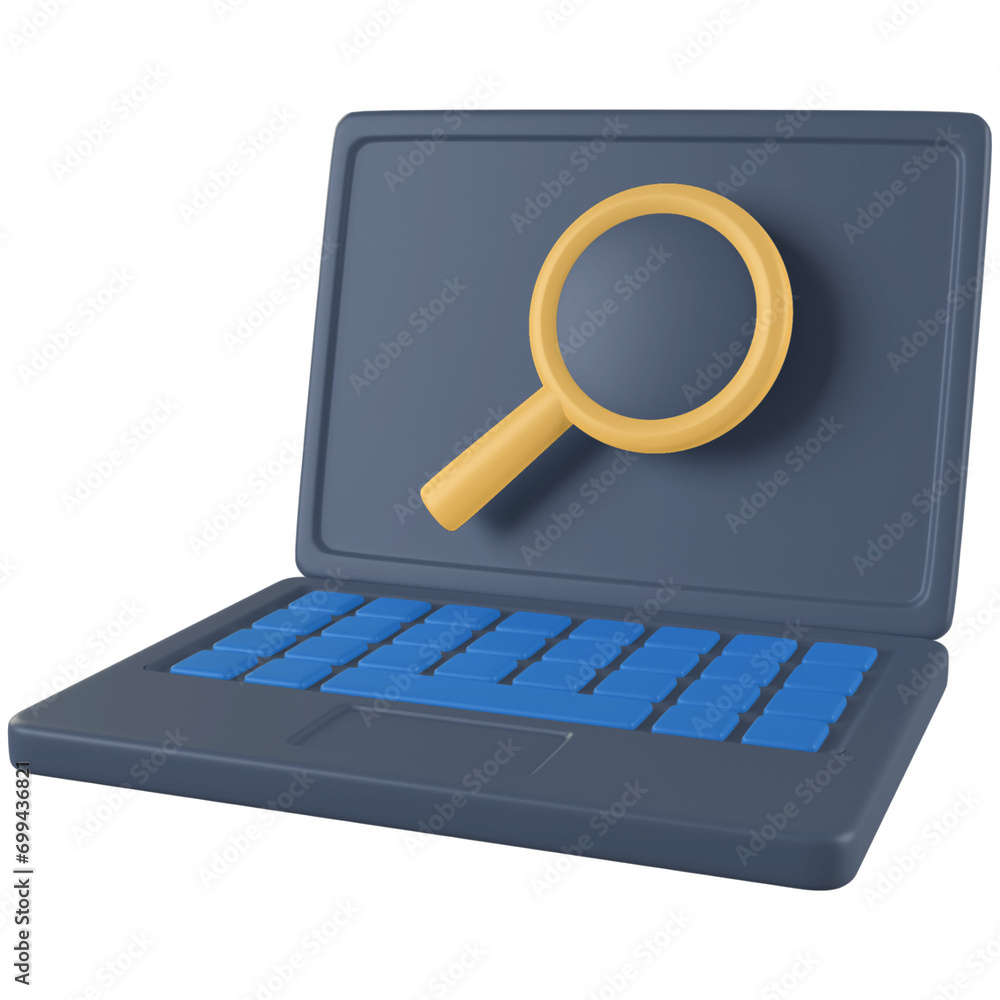 3d laptop with search icon render isolated 3d laptop with search icon render isolated