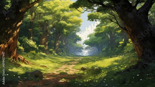 a green field surrounded by tall, majestic trees, their leaves forming a canopy above, with sunlight filtering through the foliage, creating a tranquil and enchanting woodland scene.