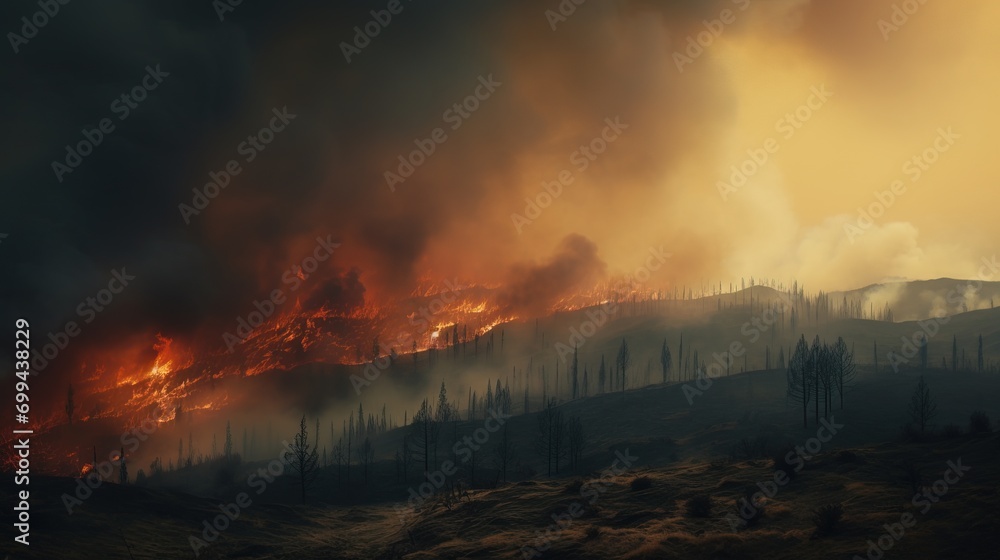 Wildfires or forest fire burning with a lot of smoke - AI Generated