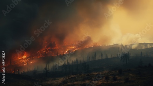 Wildfires or forest fire burning with a lot of smoke - AI Generated