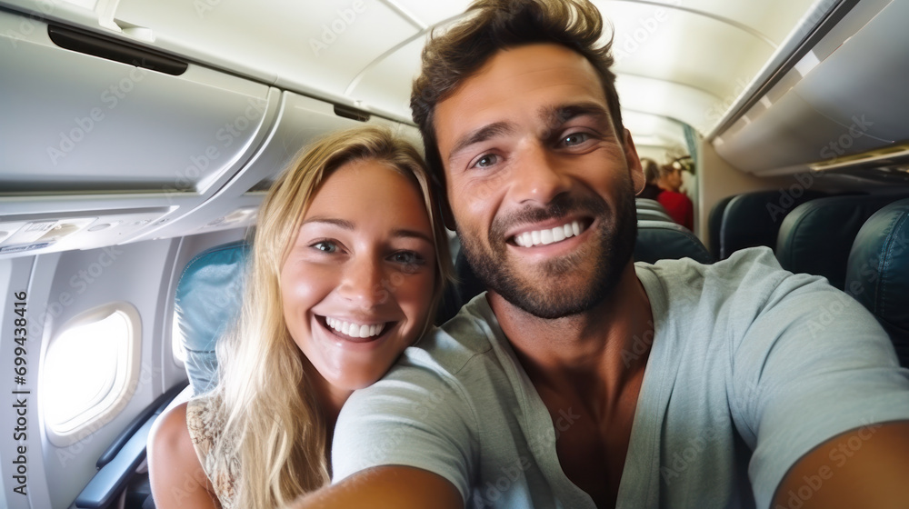 Young handsome couple taking selfie on airplane during flight around the world. They are a man and woman, smiling and looking at camera. Travel, happiness and lifestyle concepts.
