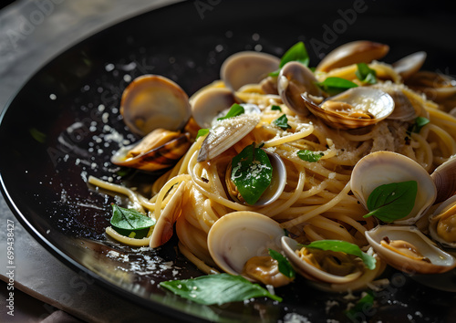 Italian food spagetthi with mushrooms in a frying pan photo