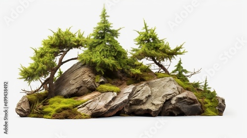 A cutout rock with fir trees all around it. Isolated garden design against a white backdrop. 