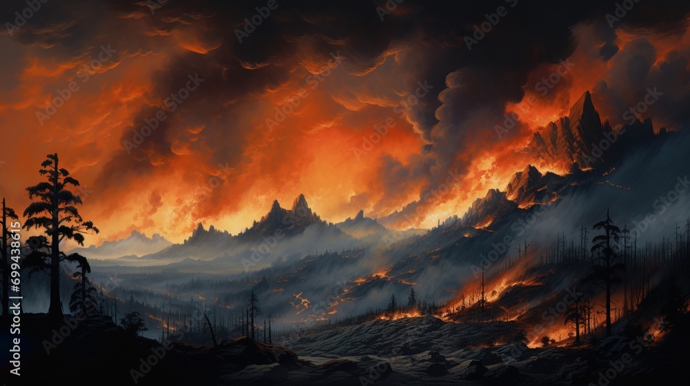 Forest fire burning because climate change and global warming is a driver of global wildfire trends. - AI Generated Forest fire burning because climate change and global warming is a driver of global wildfire trends. - AI Generated