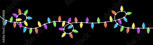 Lightbulb glowing garland line. Christmas lights set. Colorful string fairy light. Cartoon holiday festive xmas decoration. Rainbow color. Flat design. Isolated. Black background.