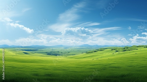 a rolling green field, with the emerald hues of the grass extending to the distant horizon, creating a sense of tranquility and natural beauty.