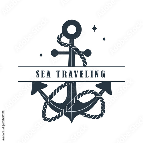 Sea traveling logo with anchor icon. Maritime cruise. Vector template for ocean voyages on white background.