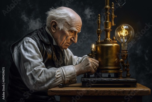 Thomas Edison painting experimenting with electricity on white background. Generative AI photo