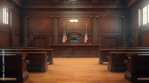 Courtroom interior. Empty Courthouse room interior. Law and Justice concept. Generative AI