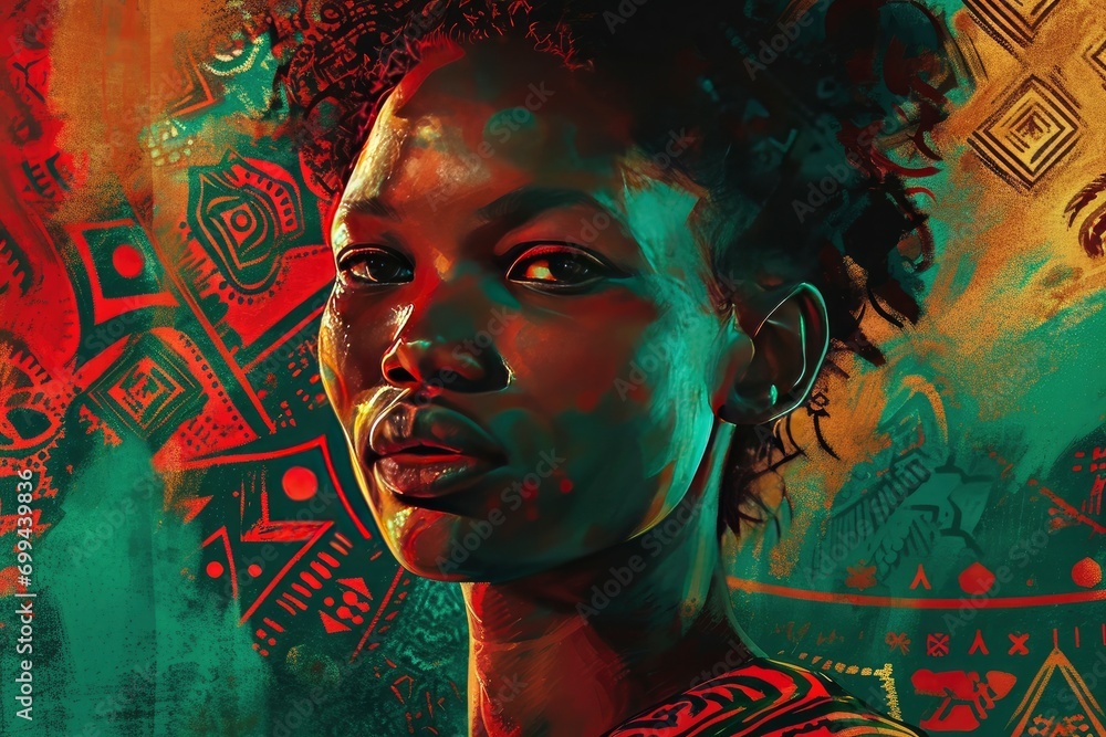Black history month concept. A woman with hair in front of the geometric background of a colourful painting, african patterns, graphic design poster art.