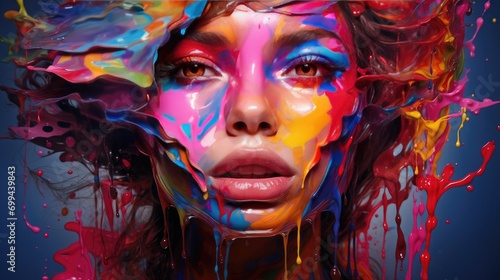 vibrant portrait of woman with colorful paint drips - dynamic abstract art expression and creative beauty concept for contemporary design projects © StraSyP