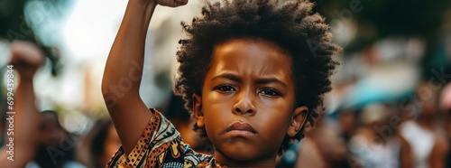 Black History Month concept, a young child with his fist raised in the air, in New York City. photo