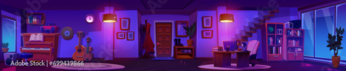 Modern home interior at night. Vector cartoon illustration of dark room with musical instruments, piano and guitar, armchair near desk with computer, books on shelves, staircase leading upstairs