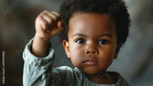 Black baby, kid with fist raised, black history month concept, african american boy, copy space, blank space for text, inclusivity and diversity, protest.