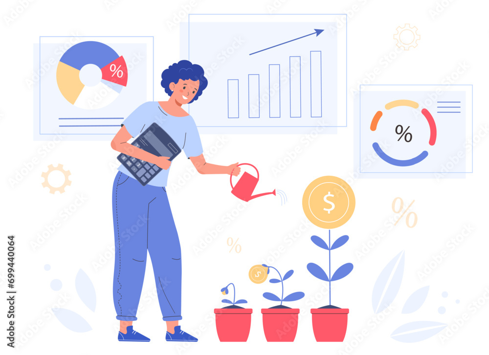 Woman watering plant with coins. Growing Money, Saving and Investment. Financial growth concept. Woman watering plant with coins. Growing Money, Saving and Investment. Financial growth concept.