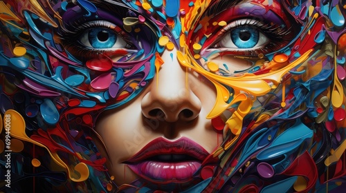 artistic fusion of beauty and color - a captivating image of a woman's face with paint splatters, perfect for art galleries and innovative marketing material photo