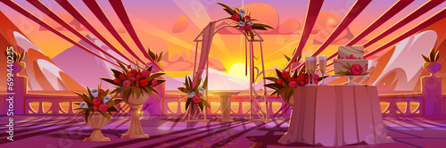 Wedding ceremony scene near mountain lake. Vector cartoon illustration of wooden patio decorated with ribbons and flowers, romantic arch, wine glasses and cake on table, pink sunset sky with clouds