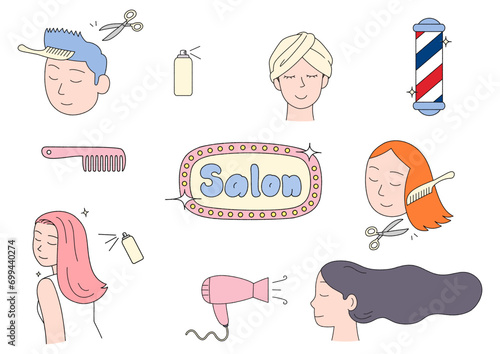 Set of beauty salon shops. hairdresser element vector icon. outline art and hand-drawn-style vector illustrations.