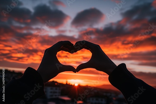 Silhouette of hands making heart gesture. Sunset defocused blurred background.
  photo