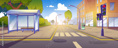 City street with road crossing and park. Vector cartoon illustration of pedestrian crosswalk in summer town, traffic light, glass bus stop with bench on pavement, green trees, cityscape buildings