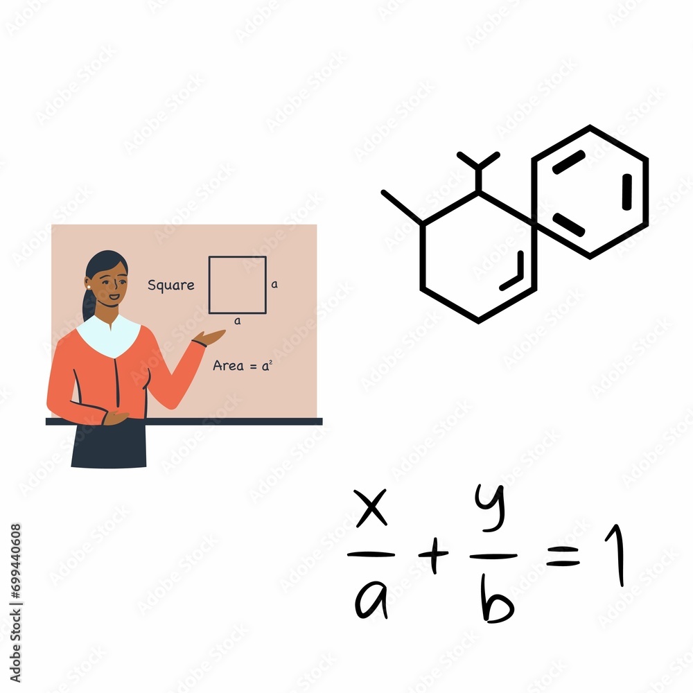 College teacher guide students formulas science and mathematics. illustration icon 