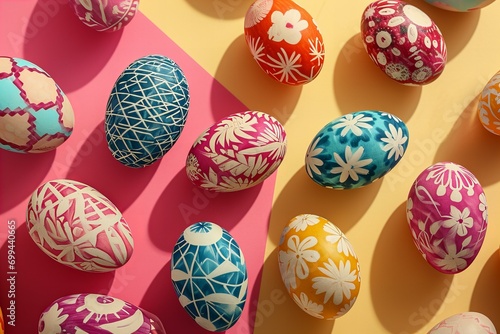 Photo of risograph geometric and floral print decorated Easter eggs pattern flat lay vibrant neon colors, modern