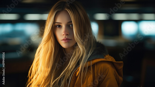 The woman in the subway terminal is a beautiful blonde with long, flowing hair. She is wearing a yellow jacket, which adds a pop of color to the scene. A bustling urban environment. 