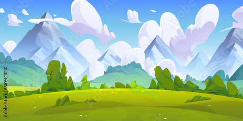 Summer natural landscape with green grass, bushes and trees on meadow in foot of high mountains. Cartoon vector panoramic scenery with grassland near hills, blue sky with clouds. Countryside scene.