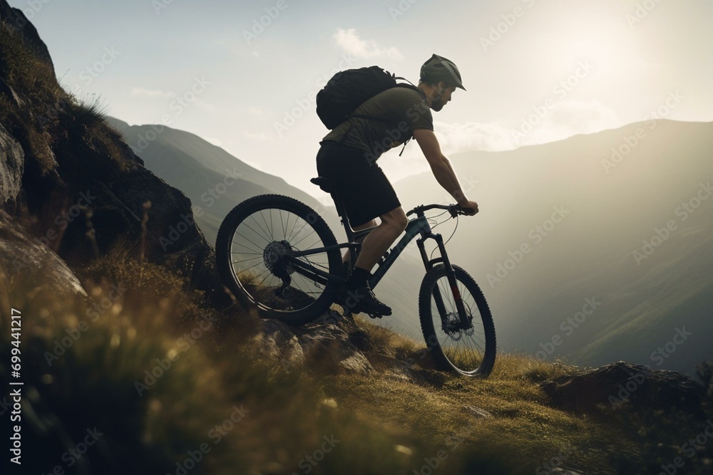 Man biking on mountainside. Generative AI