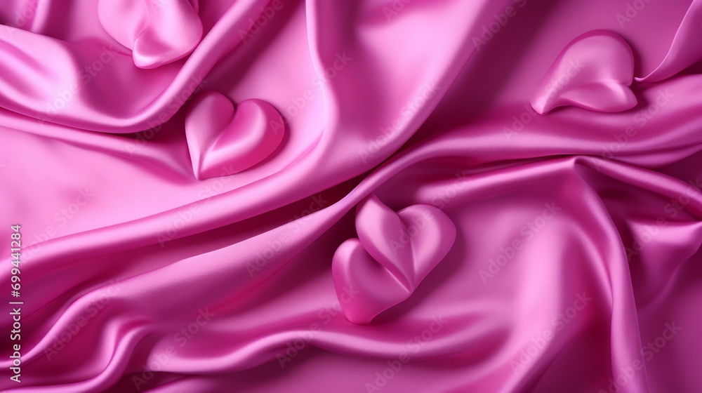 Obraz premium Magenta satin hearts 3d illustration on hot pink luxury cloth background – elegant silk drapery with flowers, perfect for design, postcards, and banners with copy space