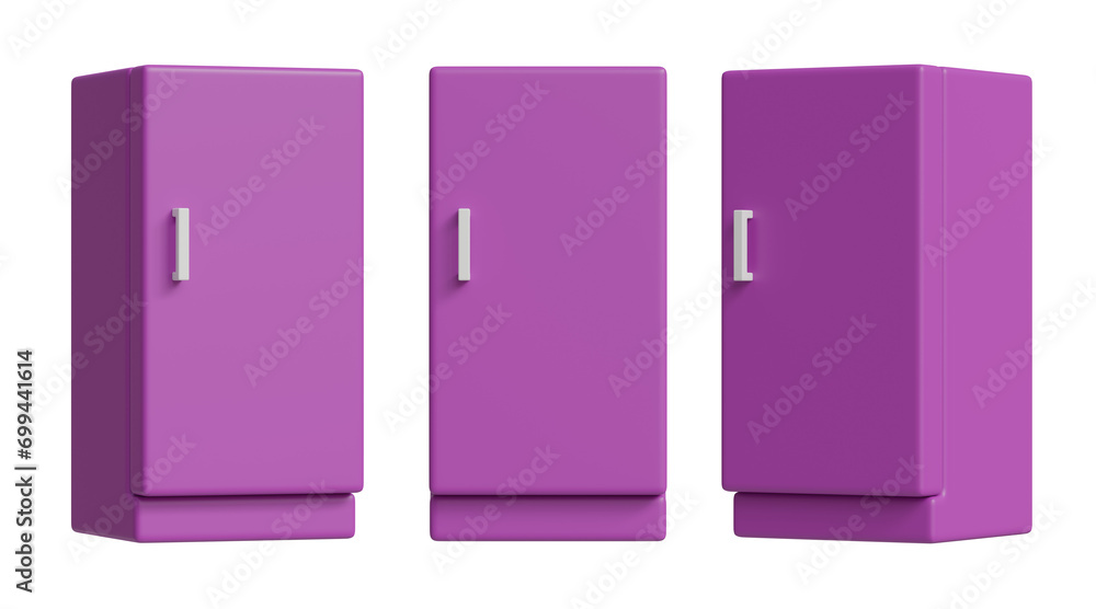 Set of purple fridge isolated on transparent background, PNG, 3d render fridge, isolate fridge Set of purple fridge isolated on transparent background, PNG, 3d render fridge, isolate fridge