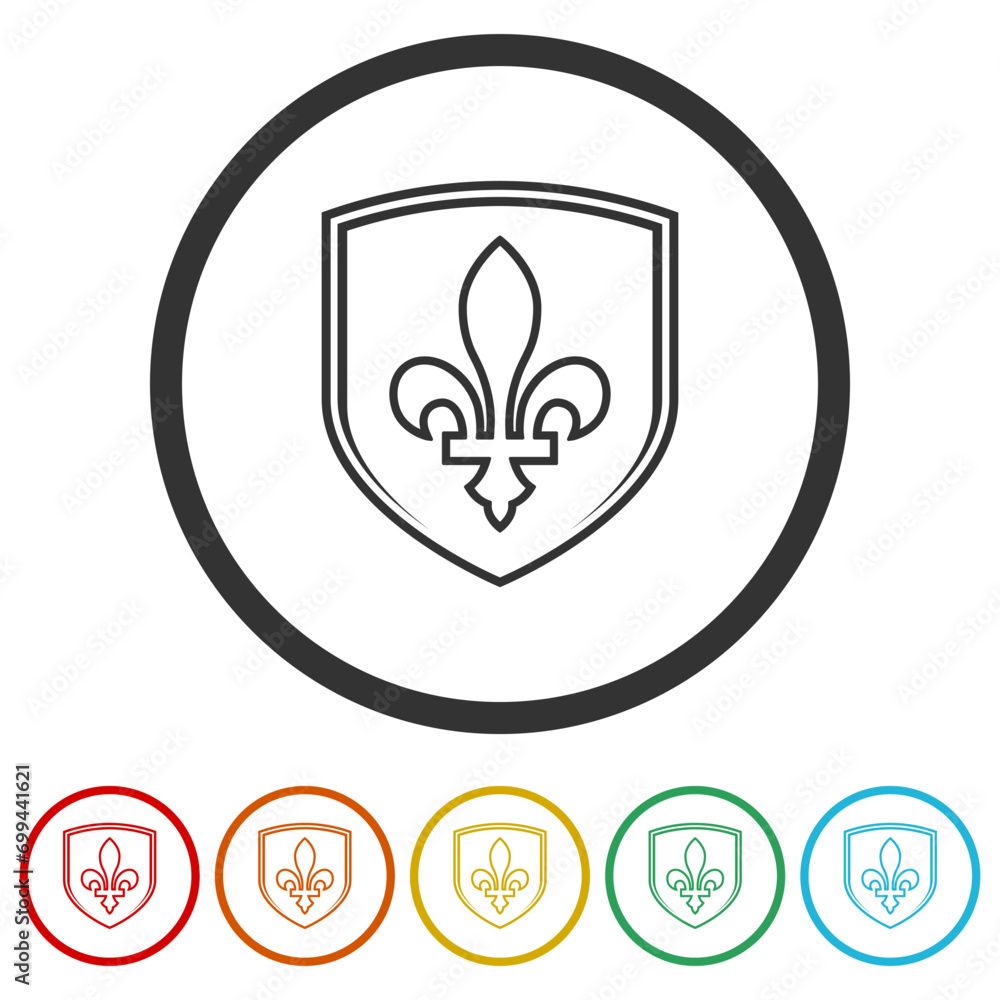 Shield with fleur de lis icon. Set icons in color circle buttons Shield with fleur de lis icon. Set icons in color circle buttons