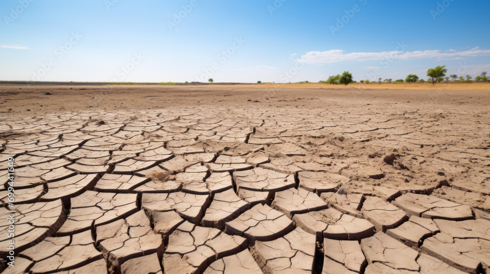 Fototapeta premium Dead trees on dry cracked earth metaphor Drought, Water crisis and World Climate change.