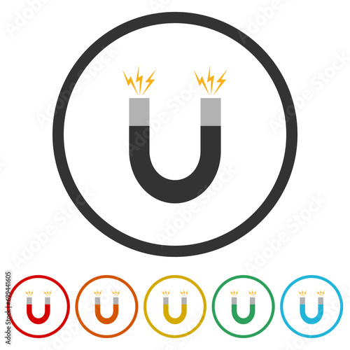 Horseshoe magnet icon. Set icons in color circle buttons