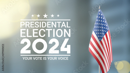Promo banner for 2024 presidential election. USA flag stands on blurred background of city. Vote day. Vector illustration for USA election 2024 campaign. USA presidential election 2024.