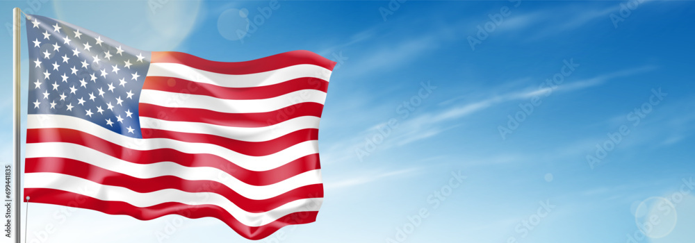 Realistic waving american flag. USA flag waving in wind at cloudy sky. Template of banner or poster for USA events. Symbol of United States of America isolated on cloudy sky. Vector illustration. - obrazy, fototapety, plakaty 