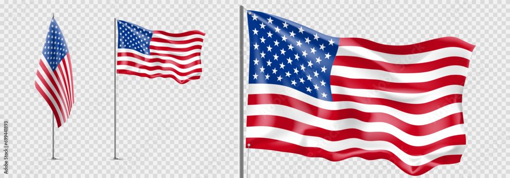 Set of realistic american flags. US flags isolated on checkered ...