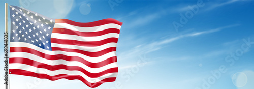 Realistic waving american flag. USA flag waving in wind at cloudy sky. Template of banner or poster for USA events. Symbol of United States of America isolated on cloudy sky. Vector illustration.