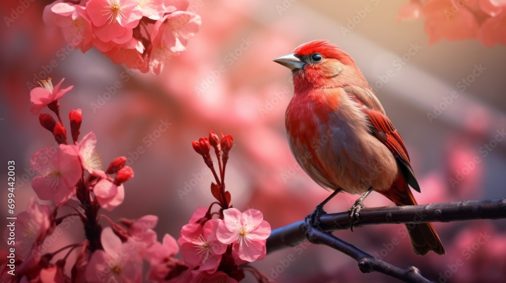 vibrant nature: bright red bird with pinky beaks perched on twig in lavender flower field vibrant nature: bright red bird with pinky beaks perched on twig in lavender flower field