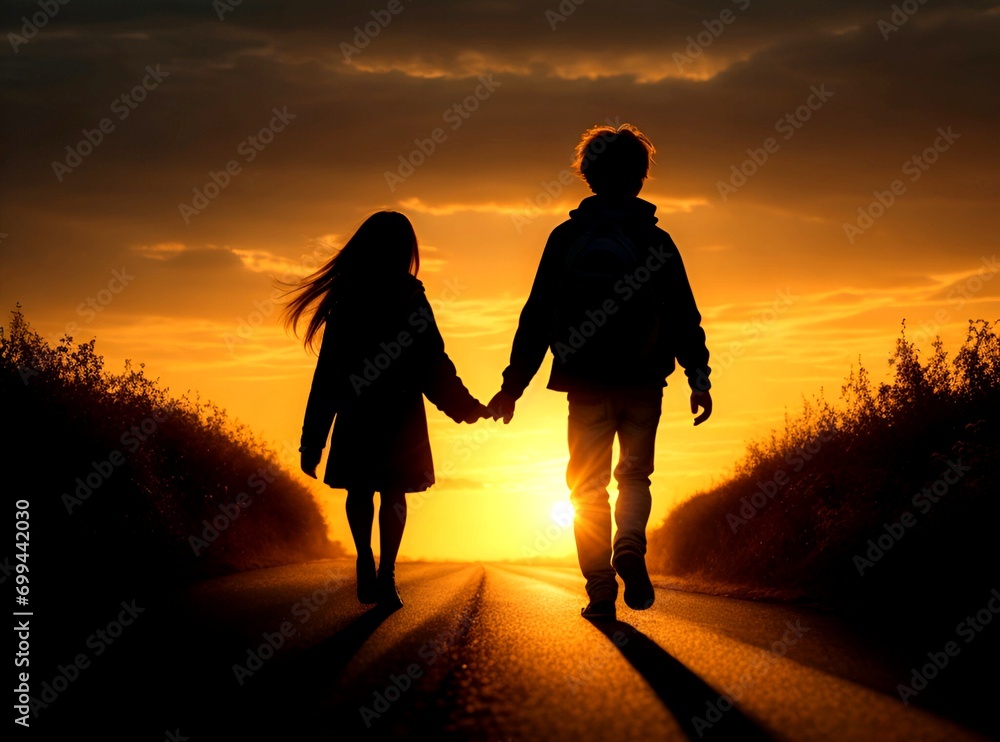 Little sister walking hand in hand with her brother along the street on ...