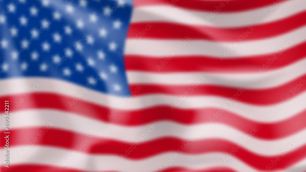Obraz premium Blurred waving USA flag. Vector illustration with american fluttering flag. Realistic banner for decoration USA events and holiday.