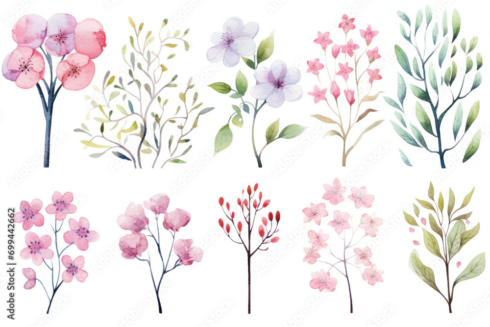 Watercolor painting Flowering trees symbols on a white background. 